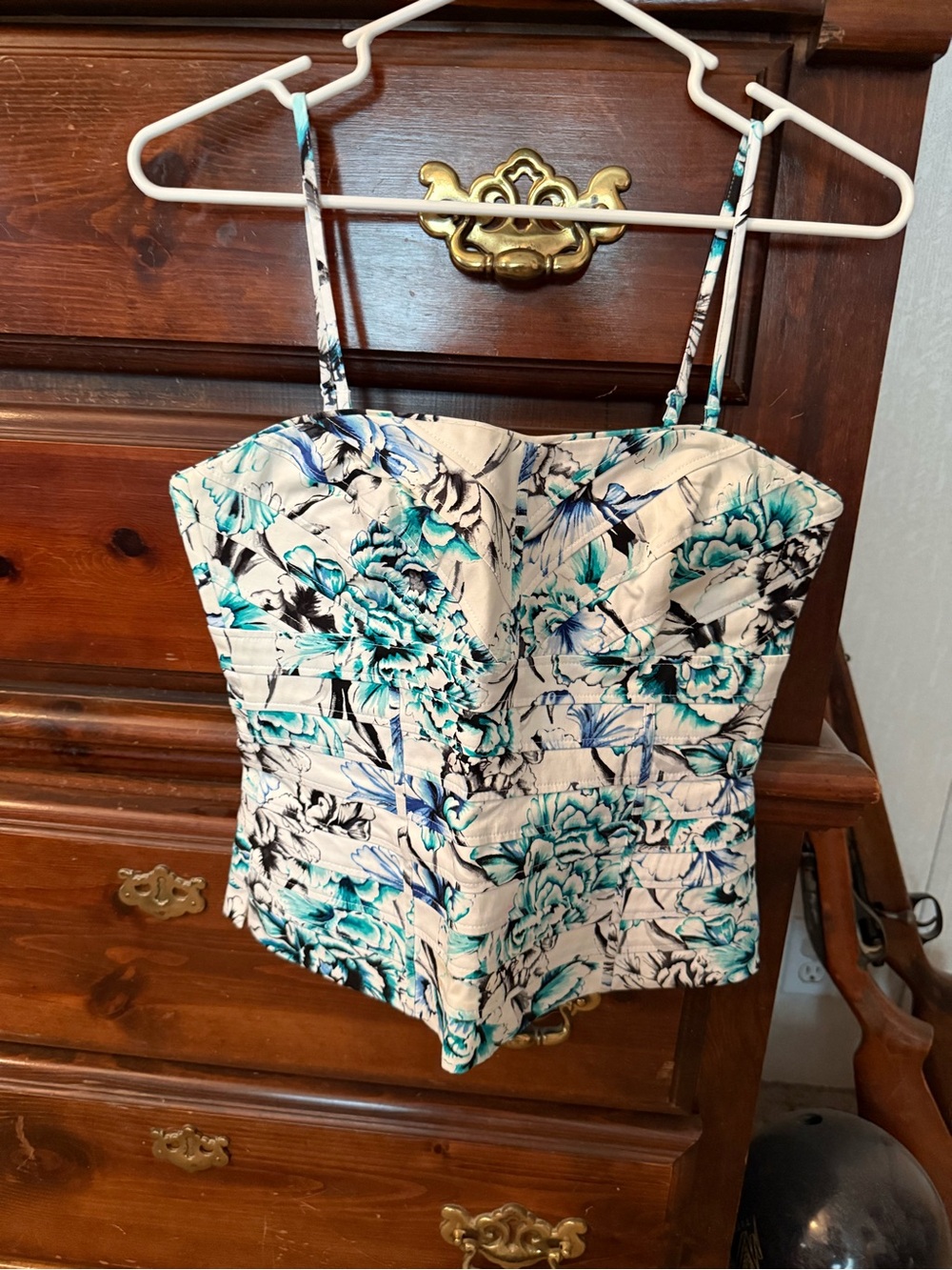 White House Black Market Cream Bustier Camisole with Teal and Black Floral Print